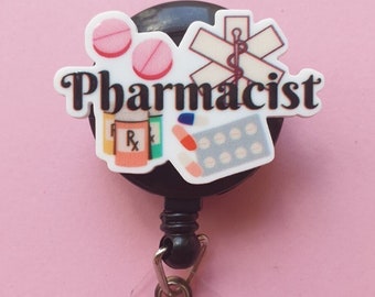 Pharmacist badge reel, Pharmacy tech card holder, Coworker gift, Medical ID clip, Rx name tag, Carabiner, RX lanyard, Badge holder,Carabiner