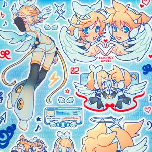 May include: A light blue sticker sheet featuring multiple illustrations of anime-style characters with angel wings. The text "ELECTRIC ANGEL STICKER SHEET kagamine rin & len" is at the top. Other text includes "you are my music".