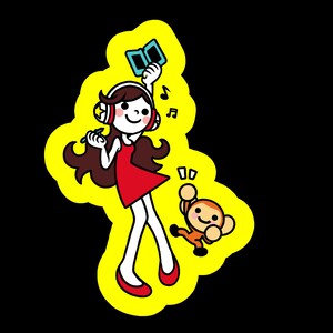 May include: A cartoon illustration of a woman in a red dress and headphones, holding a small blue device and a pen, with musical notes and a small orange monkey. The figures are outlined in black and set against a yellow background.