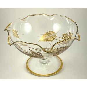 Vintage Falling Leaves Gold Overlay Crimped Compote Silver City Glass Wind Blown HTF