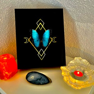 Könnte beinhalten: Ein gerahmter Druck eines blauen Morpho-Schmetterlings mit goldenen geometrischen Mustern auf schwarzem Hintergrund. Der Druck wird auf einem weißen Regal mit einer beleuchteten orangen Salzlampe, einem grauen Achat-Stein und einem durchsichtigen Kerzenhalter mit einer brennenden Kerze ausgestellt.
