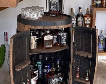 Whisky Oak Barrel Bar Oak Barrel Drinks Gabinete hecho a mano de Whisky Oak Barrels Upcycled