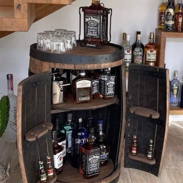 Whisky-Eichenfass-Bar, Eichenfass-Getränkeschrank, handgefertigt aus recycelten Whisky-Eichenfässern