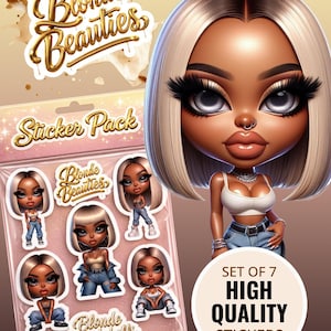 Può includere: Un pacchetto di adesivi con sette adesivi di alta qualità di donne dei cartoni animati con capelli biondi, che indossano jeans e top in denim. Il pacchetto è etichettato "Blonde Beauties" e "Blonde Bombshells".