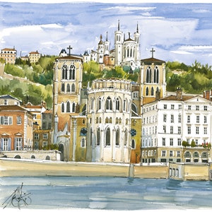Carte postale Vieux Lyon – Cathédrale Saint-Jean en aquarelle – Illustration unique  - CC03