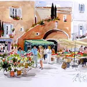 Carte Postale aquarelle PELLETIER de Saint Tropez - Place aux Herbes - CC53