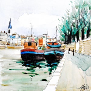 LYON Deux Péniches et St Georges sue quai de SAONE - CC18