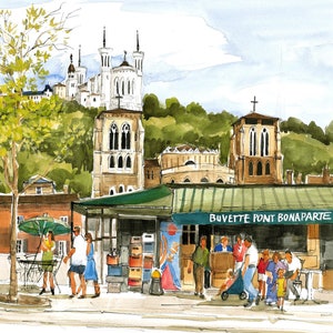 Carte postale Lyon – Buvette Pont Bonaparte à l’aquarelle – Souvenir du bord de Saône - CC09