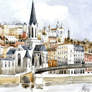 Carte postale Lyon – Passerelle Saint-Georges à l’aquarelle – Papeterie artistique française - CC01