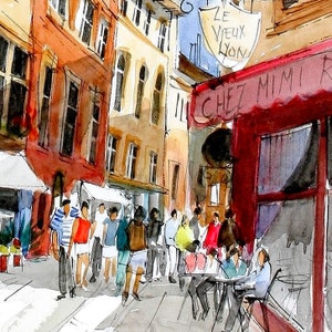 Carte postale Lyon – Rue Saint-Jean en aquarelle – Dessin artisanal et coloré - CC08
