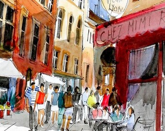 Carte postale Lyon – Rue Saint-Jean en aquarelle – Dessin artisanal et coloré - CC08