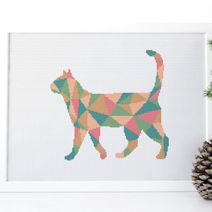 Geometrische kat silhouet Cross Stitch patroon PDF, moderne hand borduurwerk ontwerp, geteld Xstitch grafiek #56