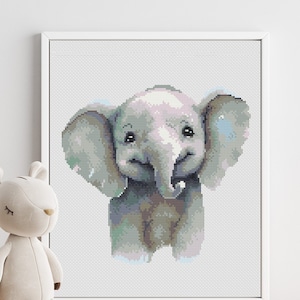Schattige babyolifant Cross Stitch patroon PDF, aquarel ontwerp, geteld Xstitch grafiek #83