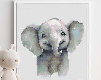 Cute Baby Elephant Cross Stitch Pattern PDF, Watercolor Design, Counted Xstitch Chart #83