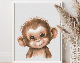 Cute Baby Monkey Cross Stitch Pattern PDF, Watercolor Design, Counted Xstitch Chart #81