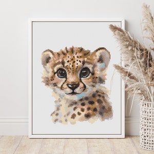 Cute Baby Cheetah Cross Stitch Pattern PDF, Watercolor Design, Counted Xstitch Chart #86