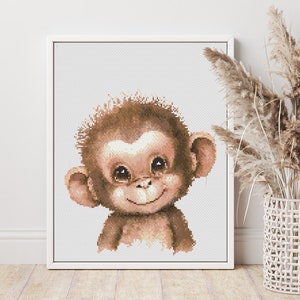 Simpatico cucciolo di scimmietta schema punto croce PDF, disegno ad acquerello, grafico Xstitch n. 81 contato