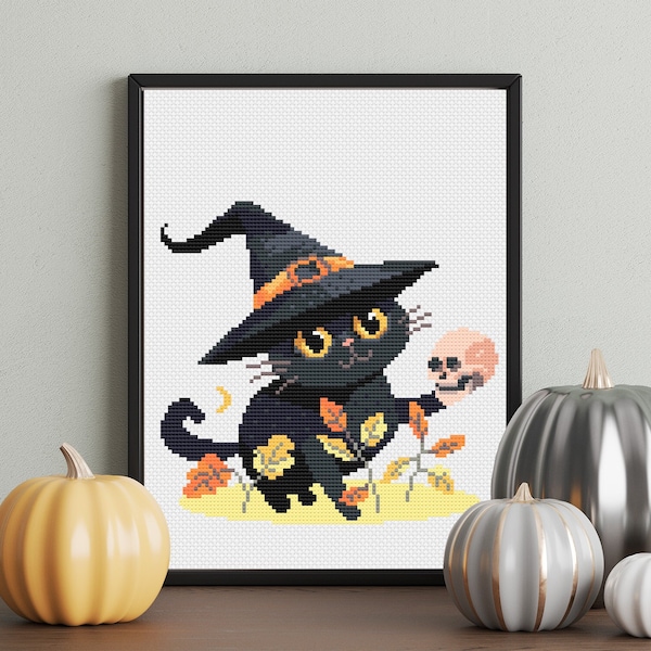 Modello PDF per punto croce di Halloween, disegno di ricamo a mano del gatto nero con il cappello di un mago, grafico Xstitch moderno, divertente arte autunnale fai da te #73