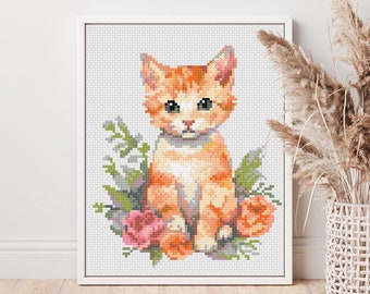 Cute Ginger Cat Cross Stitch Pattern PDF, Watercolor Kitten Hand Embroidery Design, Pattern Keeper Compatible Modern Xstitch Chart #46