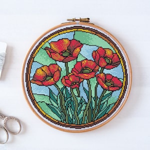 Patrón PDF de punto de cruz de flores de amapola. Diseño moderno de bordado floral a mano, gráfico Xstitch contado #31