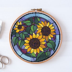 Patrón PDF Punto de Cruz Girasoles. Diseño moderno de bordado a mano floral de acuarela, gráfico Xstitch contado #34