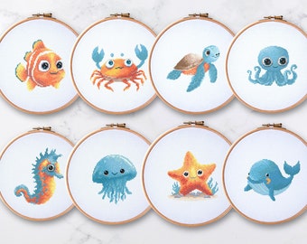 Kawaii Sea Animals Cross Stitch Patterns - Set of 8 Embroidery Designs - Whale, Crab, Turtle and More - Instant Download