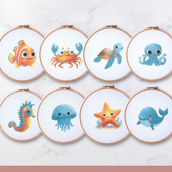 Patrones de punto de cruz de animales marinos Kawaii - Conjunto de 8 diseños de bordado - Ballena, cangrejo, tortuga y más - Descarga instantánea