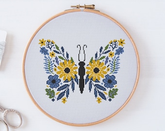 Floral Butterfly Cross Stitch PDF Pattern, Modern Flower Hand Embroidery Design, Counted Xstitch Chart #28