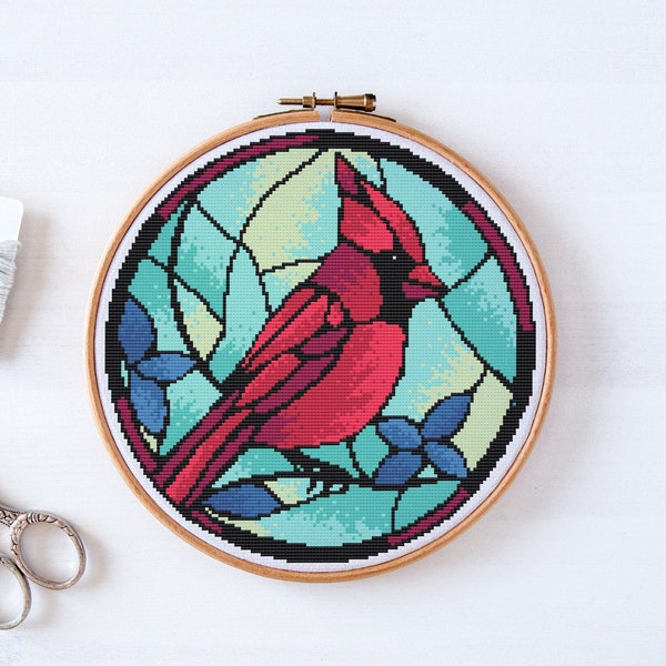 Red Cardinal Bird Cross Stitch PDF Pattern. Modern Hand Embroidery Design, Counted Xstitch Chart #59