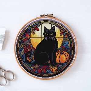 Mysterious Stained Glass Black Cat Cross Stitch Pattern PDF, Gothic Witchy Halloween Hand Embroidery Design, Counted Xstitch Chart #96