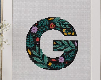 Letter G Monogram Cross Stitch Pattern PDF, Floral Stitching Design, Counted Xstitch Chart