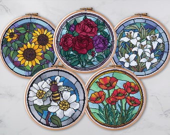 5 Floral Cross Stitch Pattern Bundle - Roses, Daises, Lilies, Sunflowers and Poppies Xstitch Designs. Digital PDF Charts to Download