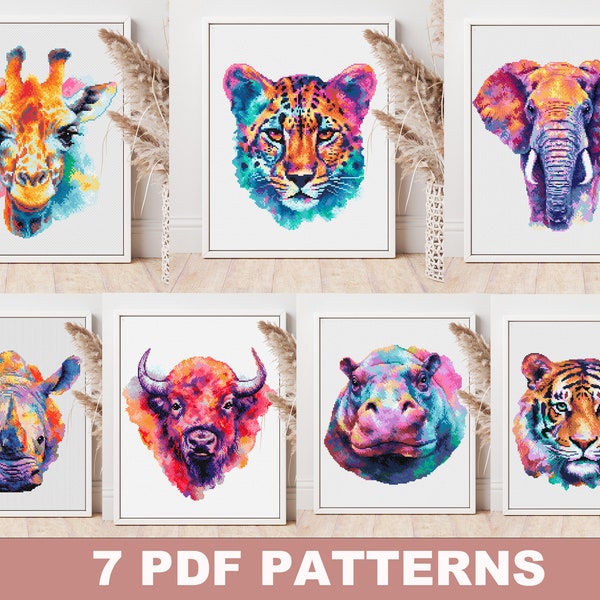 Watercolor Animals Cross Stitch Patterns Bundle - Set of 7 Modern Embroidery Designs, Counted PDF Charts, Instant Download