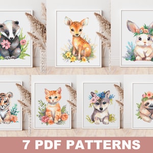 Set di 7 modelli PDF a punto croce di cuccioli di animali - graziosi schemi Xstitch ad acquerello, arredamento moderno per la scuola materna fai-da-te