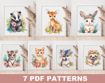 Conjunto de 7 patrones PDF de punto de cruz de animales bebés - Gráficos lindos de acuarela Xstitch, decoración moderna de vivero de bricolaje