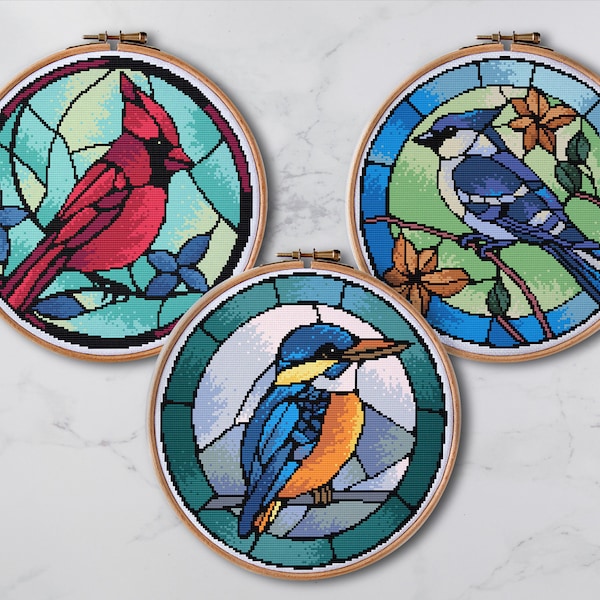 Three Birds Cross Stitch Patterns - Red Cardinal, Blue Jay, Kingfisher Xstitch Designs. Digital PDF Files to Download