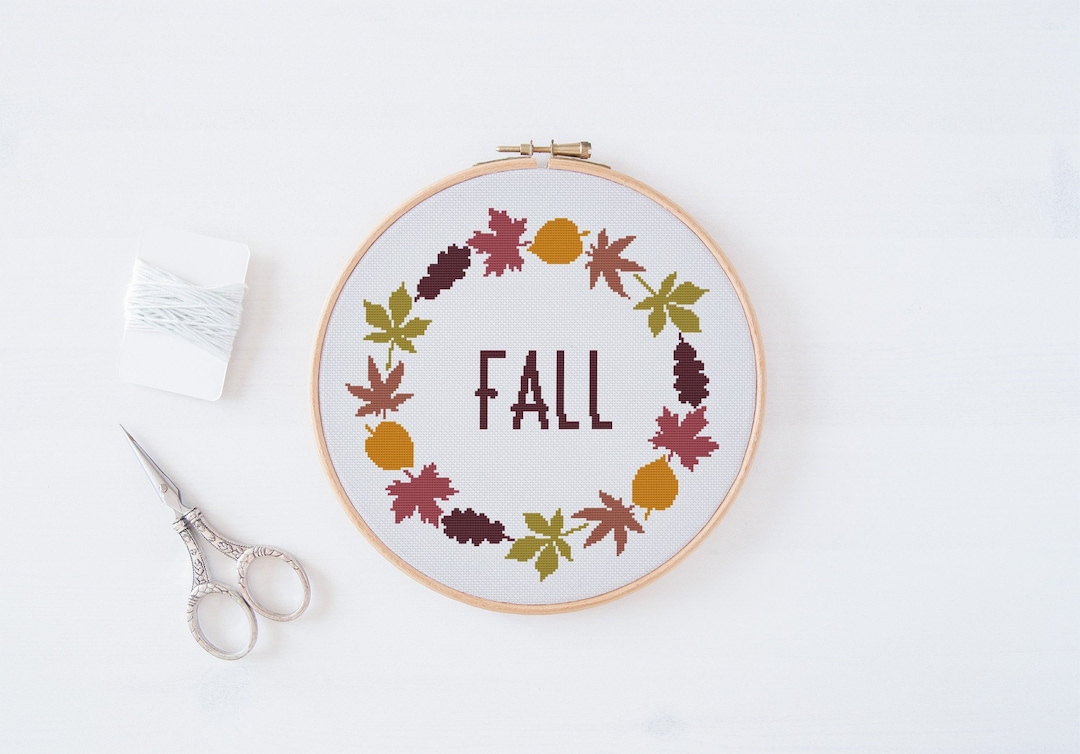 Autumn Wreath Cross Stitch Pattern PDF, Boho Fall Embroidery Design ...