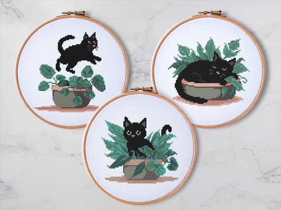 Three Cats with Plants Cross Stitch Patterns Bundle - Modern Easy Hand Embroidery Charts, Digital PDF Files to Download