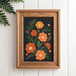 Schema punto croce con fiori arancioni su sfondo nero / Ricamo floreale moderno in PDF / Download immediato / Tavolozza di colori autunnali / #130