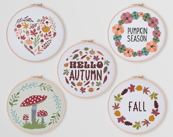 Herbst Kreuzstich Muster PDF Bundle - 5 moderne Boho Herbst Embroidery Designs Set, Kürbisse, Blätter, Pilze, Hello Autumn Charts