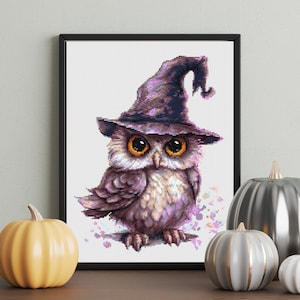 Magic Owl Cross Stitch Pattern PDF, Halloween Bird Hand Embroidery Design, Modern Xstitch Chart, Whitchy, Spooky Needlepoint #76