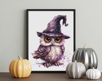 Magic Owl Cross Stitch Pattern PDF, Halloween Bird Hand Embroidery Design, Modern Xstitch Chart, Whitchy, Spooky Needlepoint #76