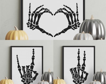 Bones Cross Stitch Patterns PDF Bundle, Funny Halloween Counted Cross Stitch Charts, Gothic Skeleton Embroidery Designs