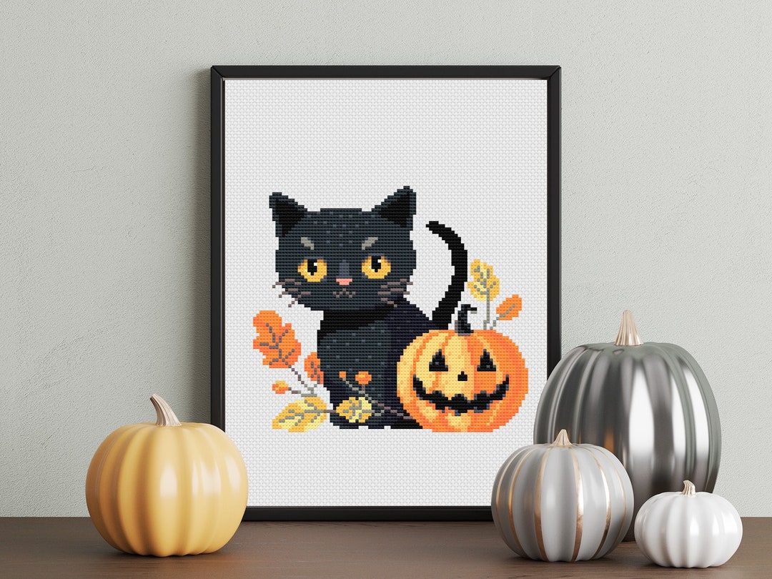 Halloween Cat Cross Stitch Pattern PDF, Kitten With Pumpkin Hand ...