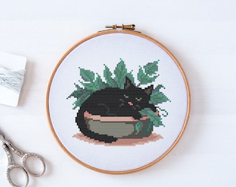 Sleeping Kitten Cross Stitch Pattern PDF, Black Cat with Plants Hand Embroidery Design, Pattern Keeper Compatible Modern Xstitch Chart #49