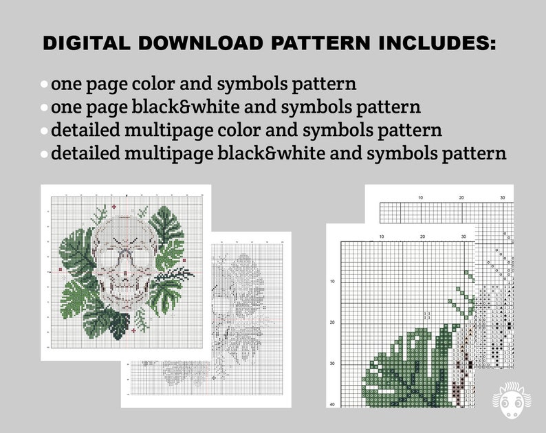 Skull Cross Stitch Pattern PDF. Counted Easy-to-Read Chart. Modern Gothic Hand Embroidery Design 70 image 2