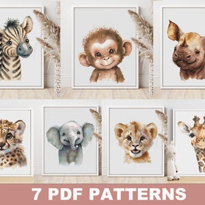 Set di 7 modelli Safari Baby Animals Cross Stitch PDF - Simpatici grafici Xstitch ad acquerello, arredamento moderno per la scuola materna fai-da-te