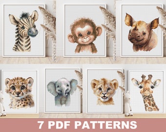 Ensemble de 7 modèles PDF de point de croix de bébés animaux de safari - Tableaux mignons d'aquarelle de Xstitch, décor moderne de pépinière de DIY