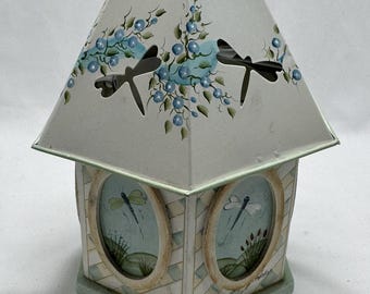 Vintage Kathy Hatch Wood Gazebo Dragonfly Tea Light Holder Lamp Green Blue