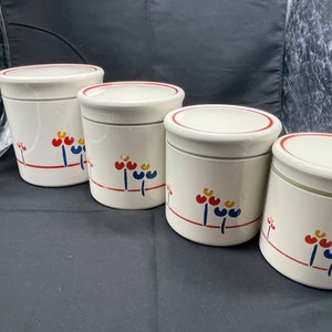 Vintage 70 s Riva Designs Tulips Canister Set of 4, Made in Japan